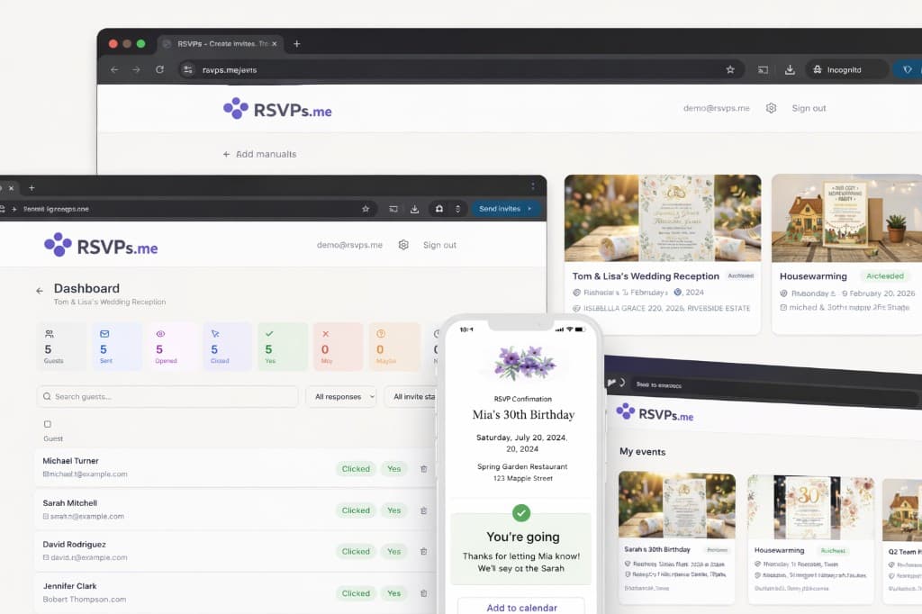 RSVPs app preview showing event invitations, RSVP tracking, and guest management